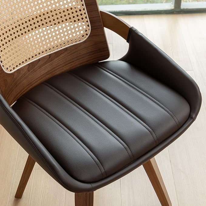 Set of 2 Mid Century Modern Chairs - Swivel Retro Walnut Dining Chairs with Ergonomic Cane Back, Curved Arms, Faux Leather Dining Chairs for Restaurant/Kitchen/Living Room (Walnut Brown)