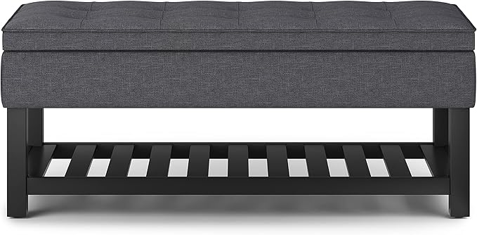 SIMPLIHOME Cosmopolitan Storage Ottoman Bench - 44 inch Wide Upholstered Linen Look Fabric Rectangle Storage Ottoman in Slate Grey, Transitional Bench for Bedroom with Tufted Lift-Top and Open Shelf