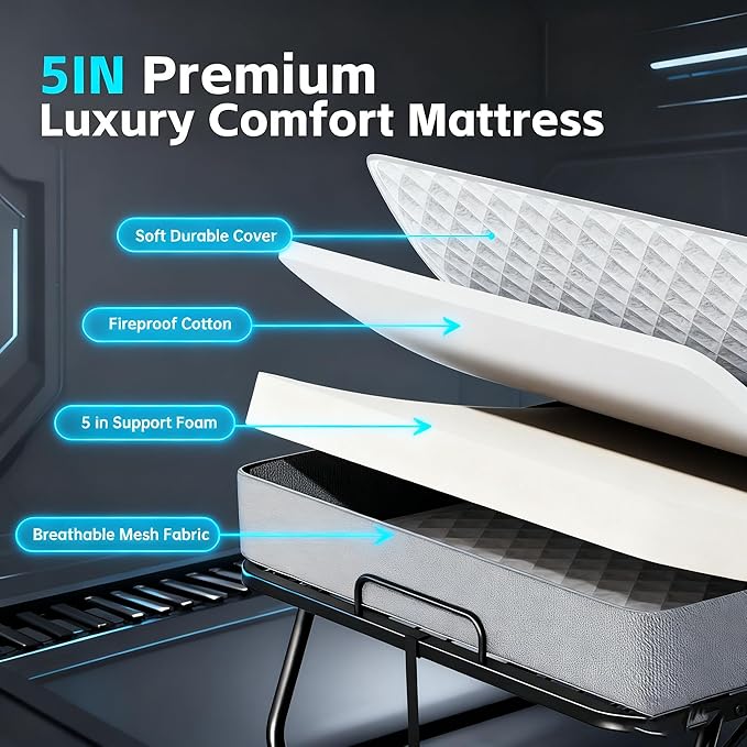 Pataku Folding Bed with Mattress, Twin Foldable Bed, Roll Away Beds for Adults, 75" x 38" Roll Away Portable Beds with 5" Mattress, Folded Frame for Small Apartment, Guest Room