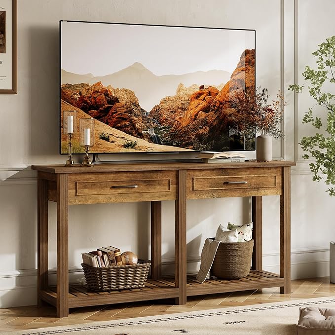 LITTLE TREE Modern Console Tables with 2 Drawers, Rustic 63 Inch Entryway Furniture, Behind Couch Table with Storage Shelf, for Living Room, Hallway, Entrance, Foyer, Rustic Brown