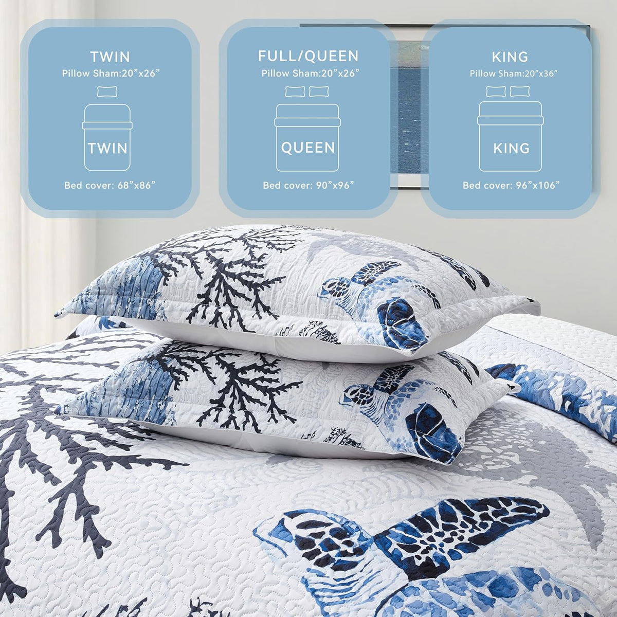 Coastal Bedding Twin Size Coastal Quilt with Shams, Nautical Beach Comforter Sets Ocean Bedspreads Blue Seaturtle Coverlet Summer Bedding, 68''x86''