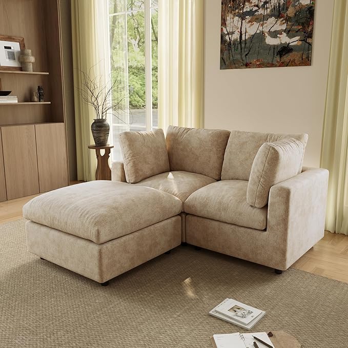 WJShome Sectional Couches for Living Room, 67 Inch Loveseat Sofa with Ottoman, Modern Chenille Fabric & Double Layer Cushions, Modular Couch for Apartment/Bedroom，Khaki