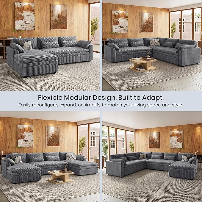 Belffin Large Modular Sectional Sofa with Double Deep Chaise, 104" Corduroy U Shaped Couch with 9" Soft Dual-Layer Seats Cushion Sectional Couches for Living Room, Apartment, Light Grey