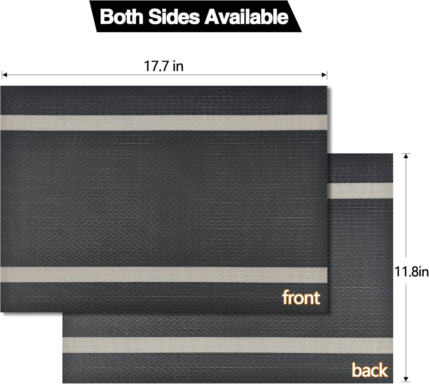 Black Placemats Set of 8 - Easy Clean Modern Durable Washable Vinyl Place Mats - Heat Resistant Placemats for Kitchen Table - PVC Table Mats for Dining Table (Black with Stripes, 8)