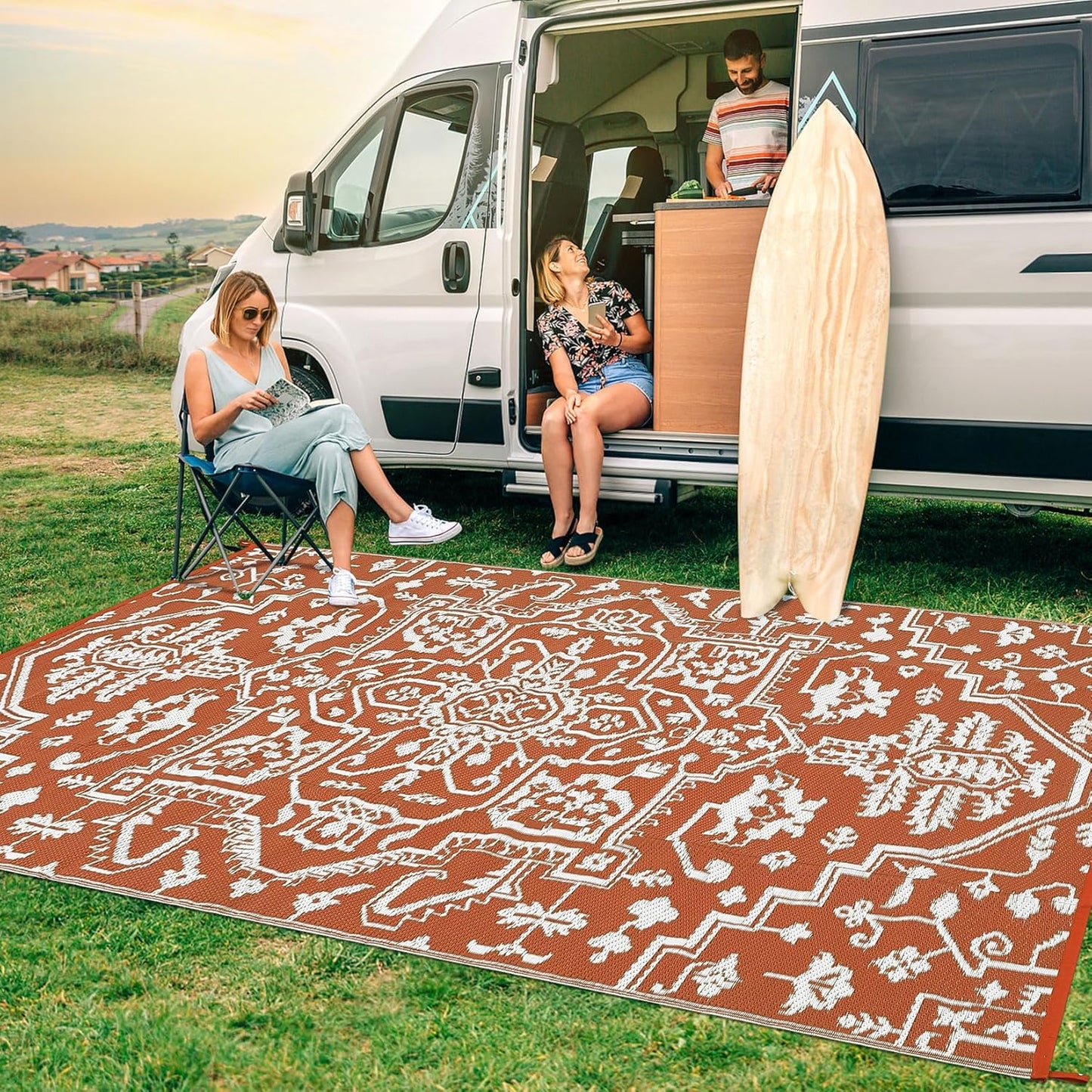 Outdoor Rug 8x10 Waterproof Reversible Plastic Straw Mat, UV-Resistant Vintage Medallion Camping Carpet for Patio, Deck, Balcony, Picnic, Large Outside Floor Mat, Vintage Terracotta Brick/White