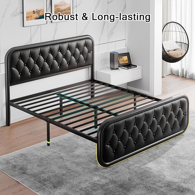 Einhomn® Queen Size Metal Bed Frame with Button Tufted Leather Upholstered Headboard and Footboard, U-Shape Support Foundation, No Box Spring Required, Black