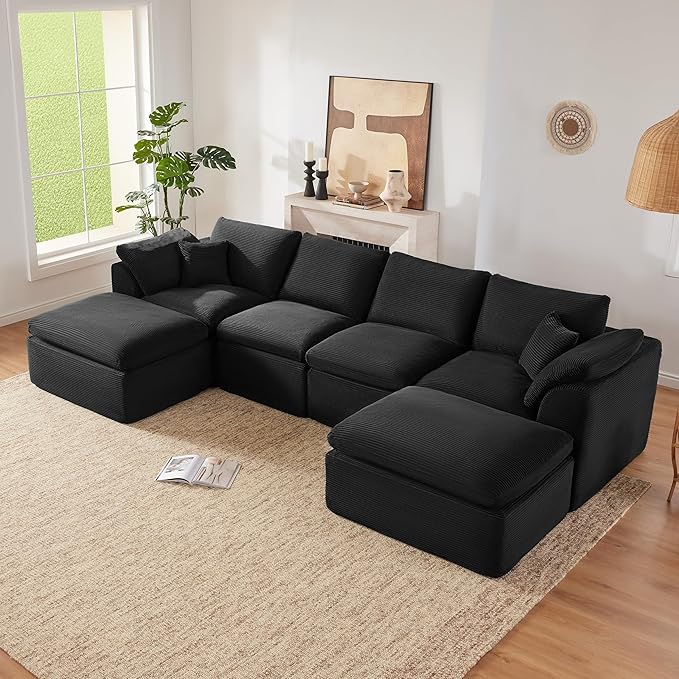 143" Cloud Sectional Couch, Boneless couches for Living Room，U Shaped Couch with Convertible Ottoman, Modular Sectional Sofa with Deep Seat, Comfy Soft Cushions, No Assembly, Black