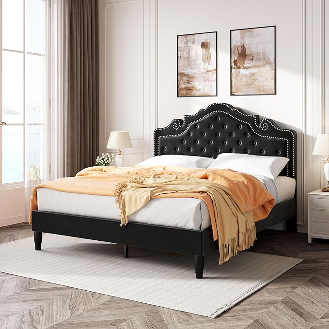 SHA CERLIN Full Size Bed Frame with Adjustable Headboard/Velvet Upholstered/Diamond Button Tufted and Metal Studs/No Box Spring Needed/Wood Slat Support/Easy Assembly/Black