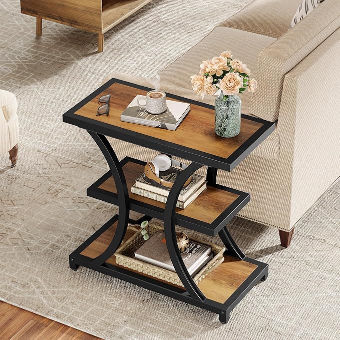 Tribesigns End Table with Storage, 3-Tier Side Table with Geometric Metal Design, Industrial Nightstand for Small Spaces, Living Room, Bedroom, Study Room (2, Rustic Brown)