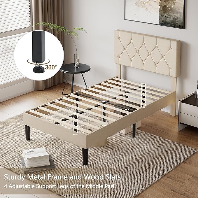 VECELO Twin Size Bed Frame with Button Tufted Headboard, Upholstered Platform Bedframe with Wood Slat Support, No Box Spring Needed, Cream Beige