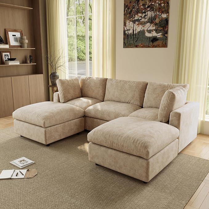 WJShome 100 Inch U Shaped Modern Sofa Modular Sectional Cloud Couch with 2 Ottoman, 4-Seat Chenille Deep Seat Couches for Living Room, Bedroom and Apartment，Khaki