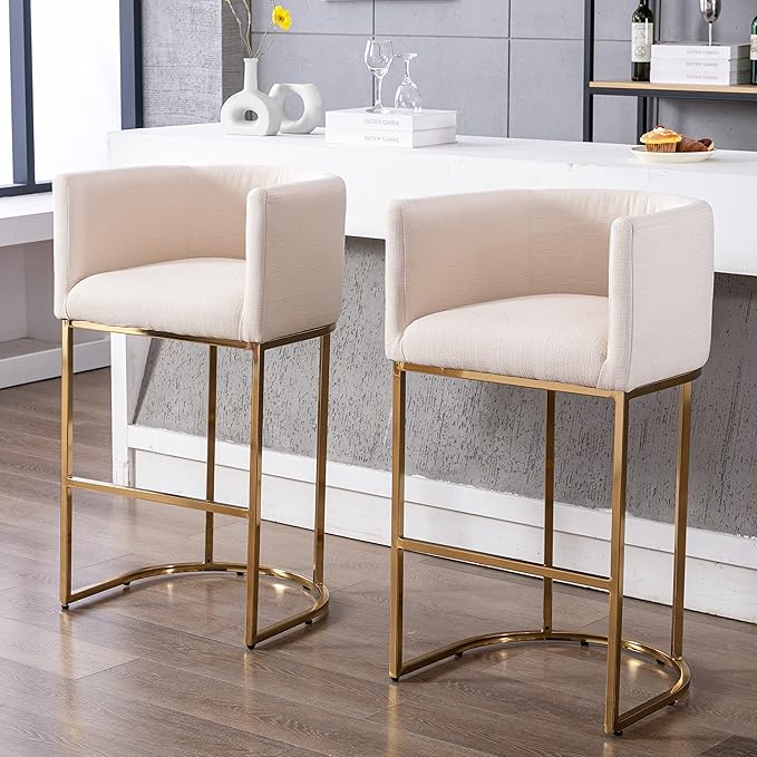 Contemporary Cream Linen Bar Stools Set of 2, 32" Upholstered Fabric Counter Height Barstool Kitchen Counter Island Stools with Golden Metal Base
