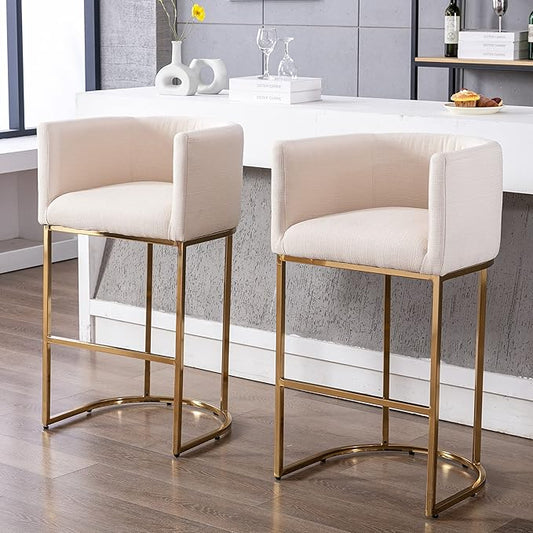Contemporary Cream Linen Bar Stools Set of 2, 32" Upholstered Fabric Counter Height Barstool Kitchen Counter Island Stools with Golden Metal Base