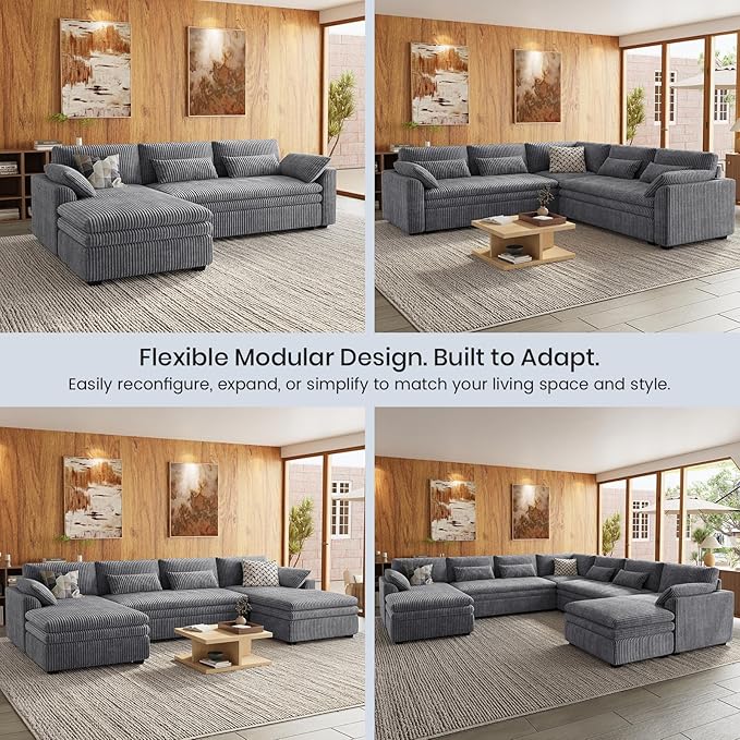 Belffin Large Modular Sectional Sofa with Deep Chaise, Corduroy U Shaped Couch with 9" Soft Dual-Layer 7 Seats Cushion for Living Room, Apartment, Light Grey