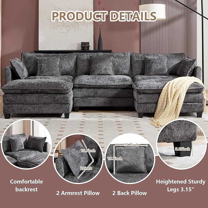 Plush Modular Cloud Sofa Set with Ottoman | L/U-Shaped Deep Seating Chenille Sectional for Family Living Room