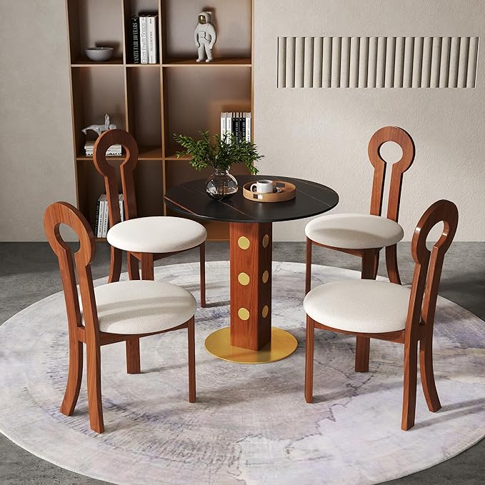 Sintered Stone Office Table and Chair Set - 33.5" Round Table for Small Offices (Red Leg and Black Top, 1 Table and 4 Chairs)