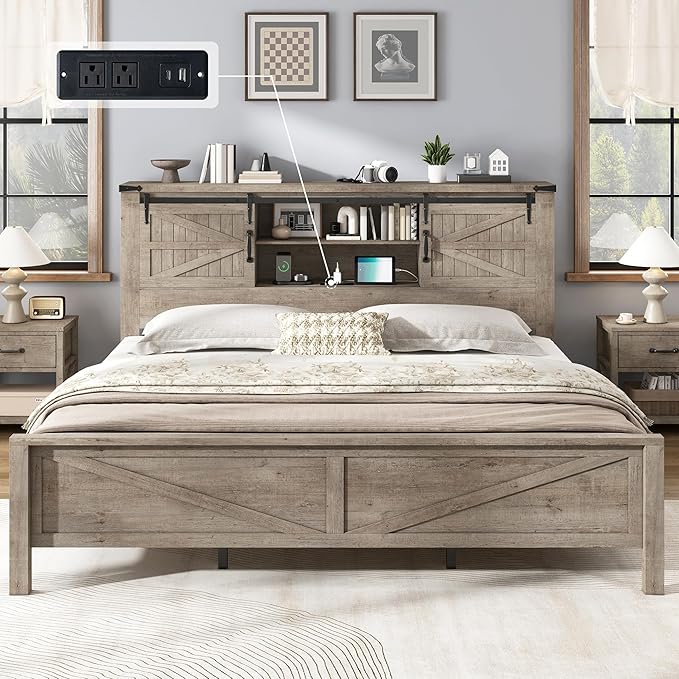 AMERLIFE Farmhouse King Bed Frame, Rustic Wood Platform Bed w/Barn Door Storage Bookcase Headboard & Charging Station, Bedroom Furniture, No Box Spring Needed, Light Grey