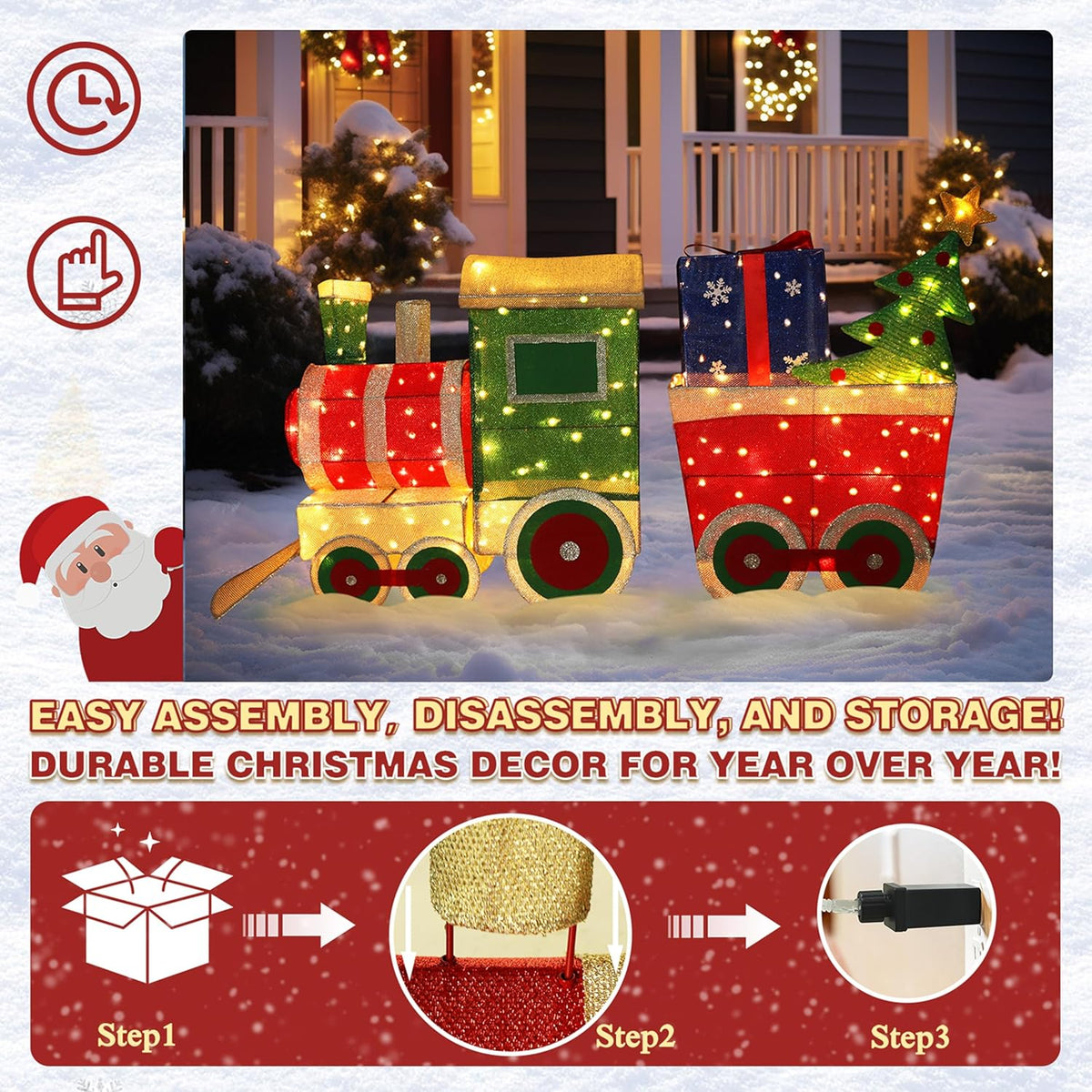 5FT Light-Up Christmas Train Decor with 170 LED Lights, 3D Pre-Lit Train Set with Gift Box and Christmas Tree for Xmas Decoration, Freestanding Glittered Holiday Display for Outdoor, Indoor