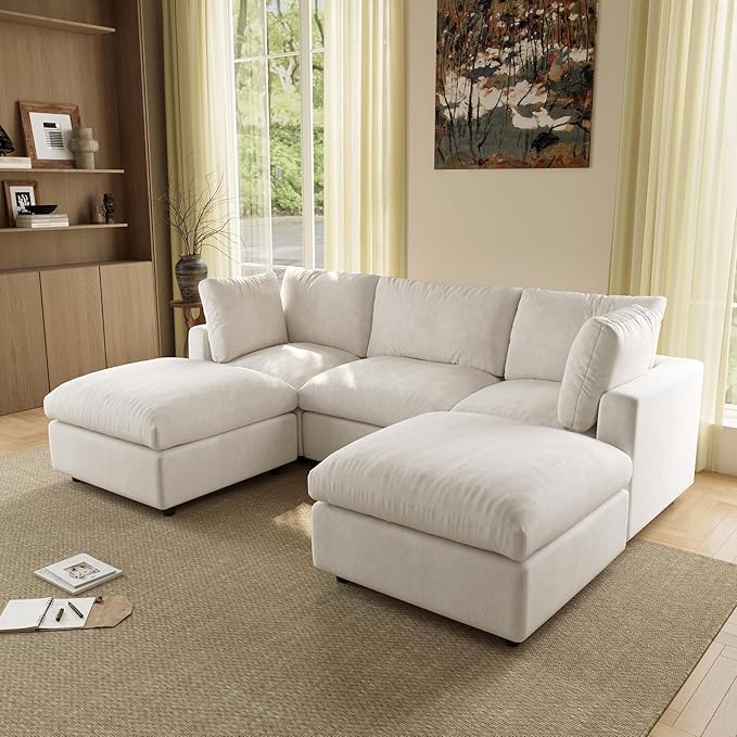 WJShome 100 Inch U Shaped Modern Sofa Modular Sectional Cloud Couch with 2 Ottoman, 4-Seat Chenille Deep Seat Couches for Living Room, Bedroom and Apartment，Beige