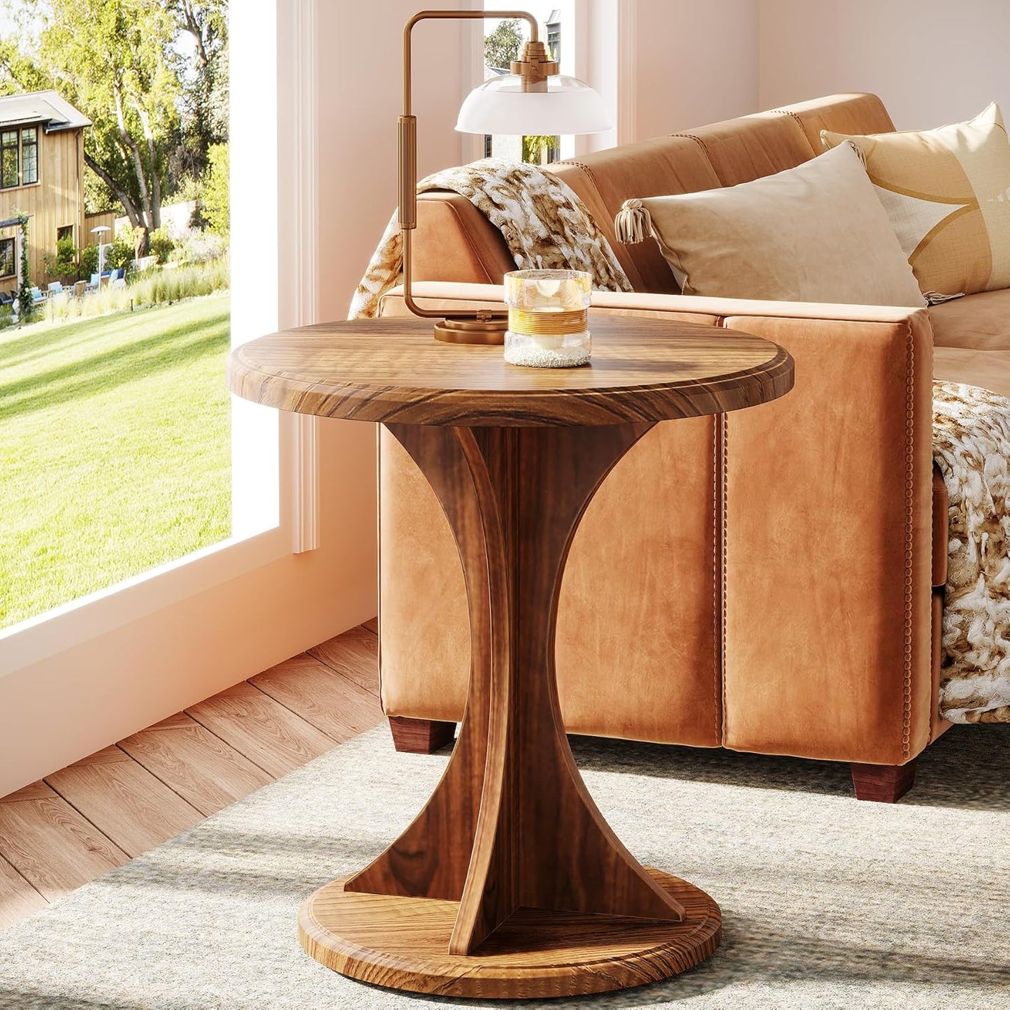 Tribesigns Round End Table for Living Room, Wood Side Table Set of 2, Mid-Century Bedside Nightstand for Bedroom, Accent Table, Easy Assembly, Vintage Brown