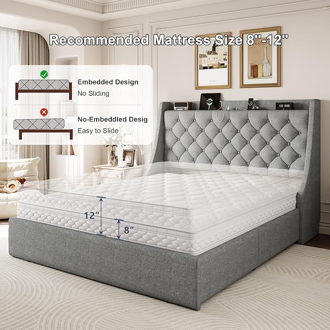 Queen Size Bed Frame with 4 Storage Drawers & Charging Station, Linen Upholstered Platform Bedframe, Button Tufted Wingback Headboard, Sturdy Wooden Slats, No Box Spring Needed, Light Grey