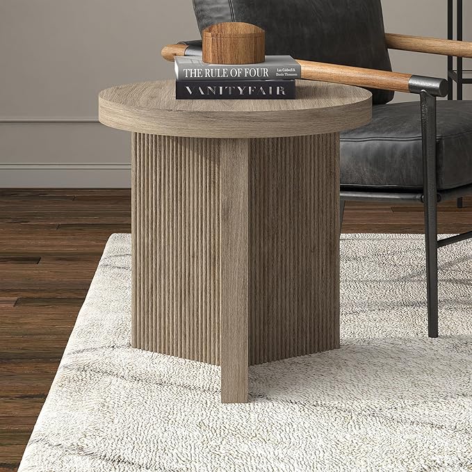 Henn&Hart 22" Fluted Scandinavian Round End Table, Ribbed Side Table, Nightstand for Living Room, Office, Family Room, or Bedroom, Antiqued Gray Oak