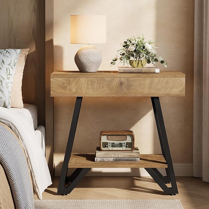 Tribesigns End Side Table for Living Room, Narrow Couch Arm Side Table with Storage Shelves, Small Bedside Nightstand for Bedroom, Small Spaces, Natural