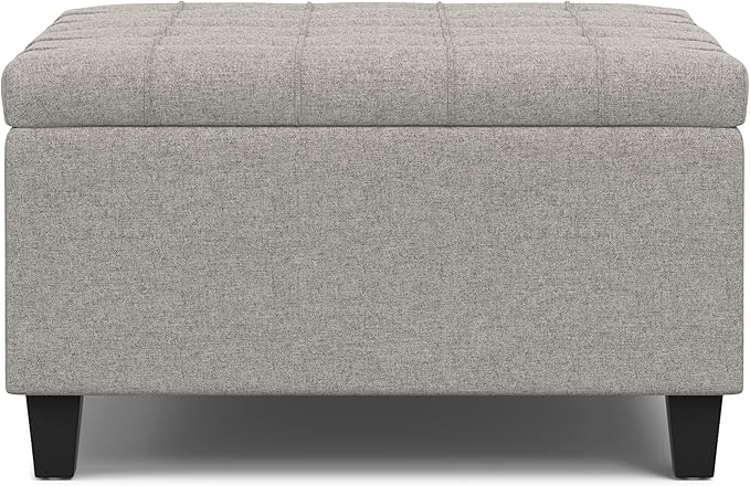 SIMPLIHOME Harrison 30 inch Wide Transitional Square Small Coffee Table Storage Ottoman in Cloud Grey , Assembled, For the Living Room and Bedroom