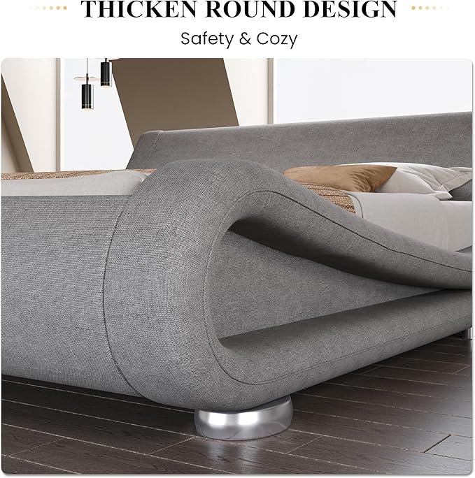 SHA CERLIN Full Size Upholstered Bed Frame, Deluxe Low Profile Sleigh Bed with Linen Ergonomics Headboard, No Box Spring Needed & Easy Assembly, Grey