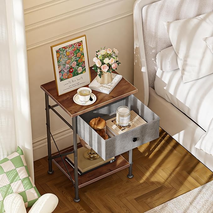 VECELO End Tables, Modern Nightstand with Fabric Drawer & Open Shelf, Night Stand for Bedroom Living Room, Industrial Metal Frame, Easy Assembly, Retro Brown,1 Pack