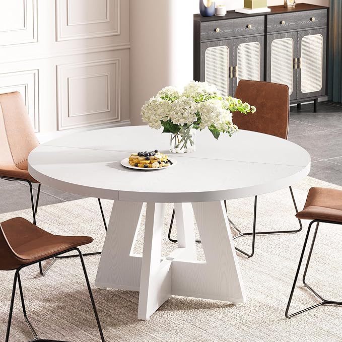 Tribesigns Round Dining Table for 4, 47 inch Farmhouse Circle Kitchen Table with Wooden Pedestal Base for Kitchen, Dining Room, Living Room (White)