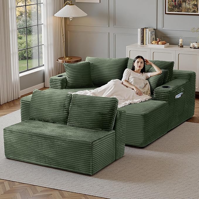 134''Oversized Modular Sectional Sofa Boneless Cloud Couch with Chaise Comfy Sectional Couches for Living Room,Bedroom,Apartment (Green, 134''W U-Shaped)