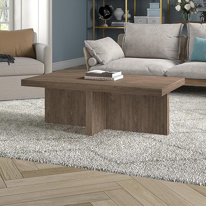 Henn&Hart 44" Fluted Rectangular Wood Pedestal Low-Profile Coffee Table for Living Room, Family Room or Office, Antiqued Gray Oak