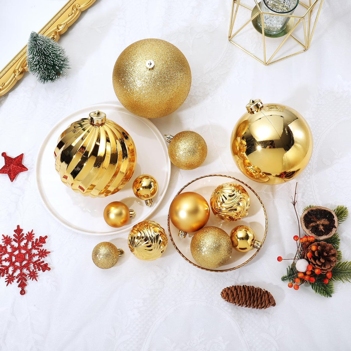 Christmas Ball Ornaments for Xmas Decorations,50 pcs Christmas Extra Large Tree Shatterproof Ornaments-Gold (Combo of 5 Style in 3 Sizes)