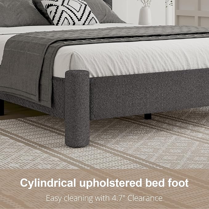 Queen Size Bed Frame, Boucle Upholstered Platform Bed Frame with Headboard and Footboard, Soft Bed Frame with Rounded Corners, No Box Spring Required, Easy Assembly, Dark Grey