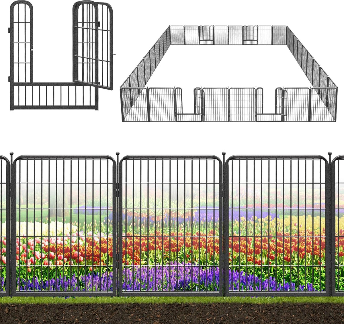 Decorative Black Metal Fencing Garden Fence with Gate, 82ft(L) 32in(H) 36 Fence Panels No Dig Fence Rustproof Animal Barrier Fence Temporary Dog Panels Fencing Outdoor