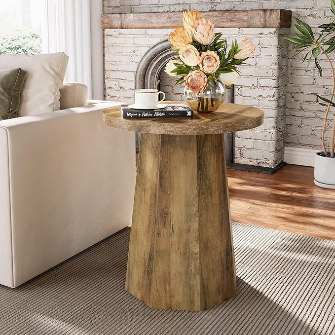 Tribesigns Farmhouse Round End Table, Wooden Couch Side Table with Octagonal Base, Rustic Brown Nightstand Pedestal Accent Furniture for Living Room, Bedroom (1)