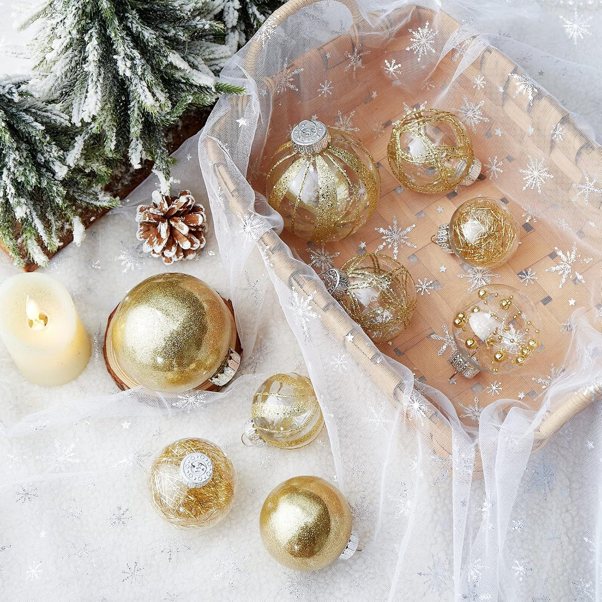 Clear Christmas Ball Ornaments,24ct Shatterproof Plastic Decorative Christmas Ornaments Hanging Xmas Tree Baubles Set with Stuffed Delicate Glittering Decorations for Holiday Party Home Decor (Gold)