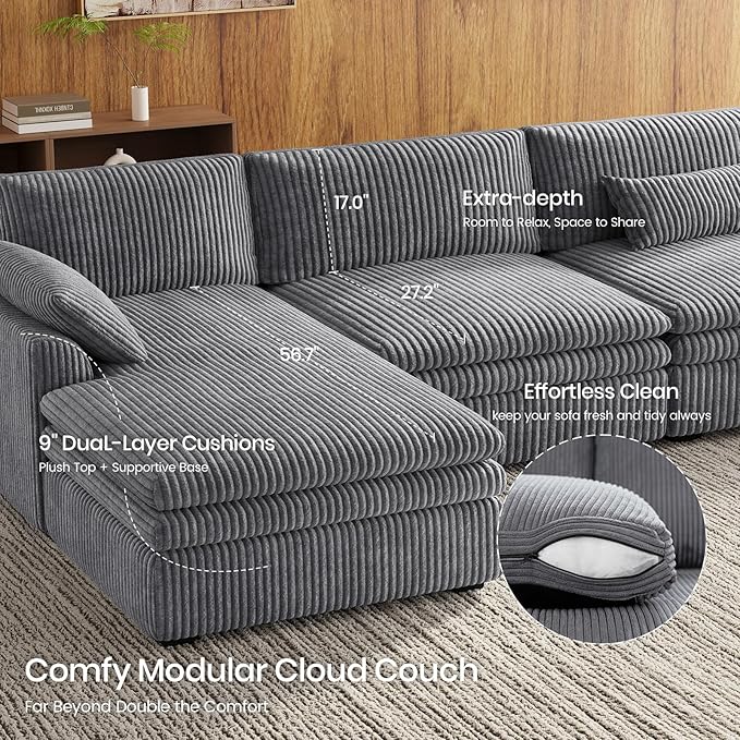 Belffin Large Modular Sectional Sofa with Deep Chaise, 73.6" Corduroy L Shaped Couch with 9" Soft Dual-Layer Seats Cushion for Living Room, Apartment, Light Grey