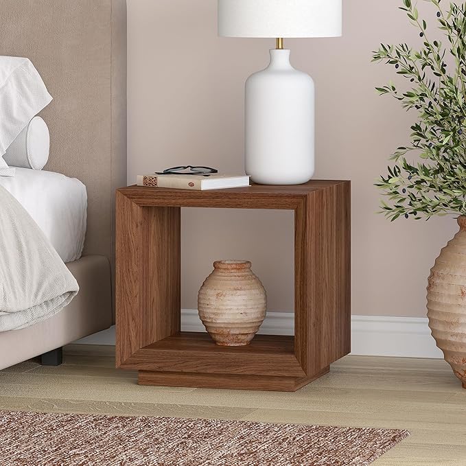 Henn&Hart 22" Modern Square Wooden End Table, Side Table, Nightstand with Open Display Shelf for Living Room, Office, Family Room, or Bedroom, Satin Walnut
