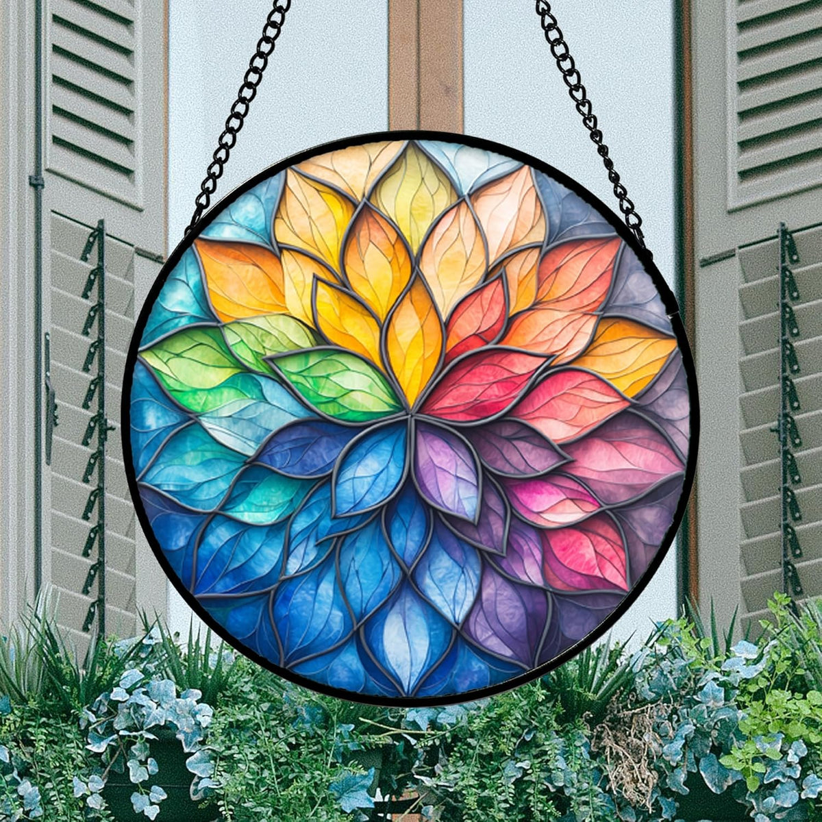 Stained Glass Window Hanging, Colorful Flower Petals Sun Catchers Diamond Glass Panel Hangings Suncatcher Decor for Birthday for Women, Men, Wife, Aunt, and Mom 14.9x14.9 in