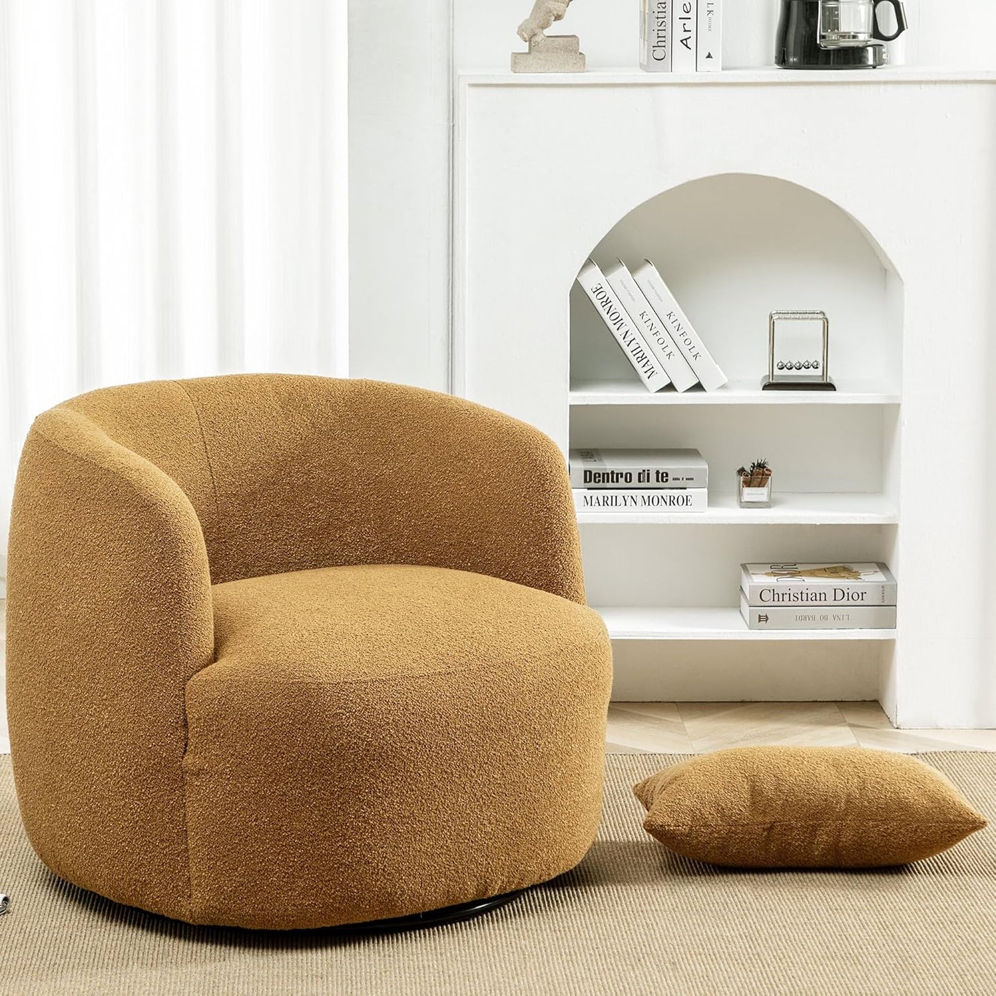 KINWELL 34" Wide Boucle Swivel Barrel Chairs Set of 2, No Assembly Round Upholstered Armchairs Accent Chairs Single Sofa Chair with Toss Pillow for Living Room and Bedroom, Brown