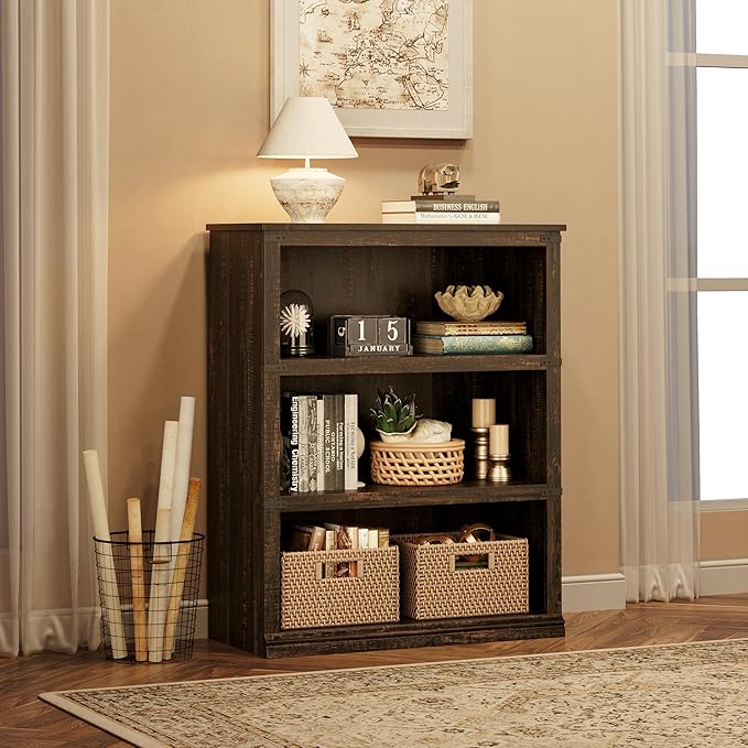 IDEALHOUSE 3 Tier Bookcase, Farmhouse Book Shelf with Storage, Low Book Case Wooden 3 Shelf Bookcase for Home Office, Living Room, Bed Room (Oak, 40.0" H x 31.5" W x 12.2" D)