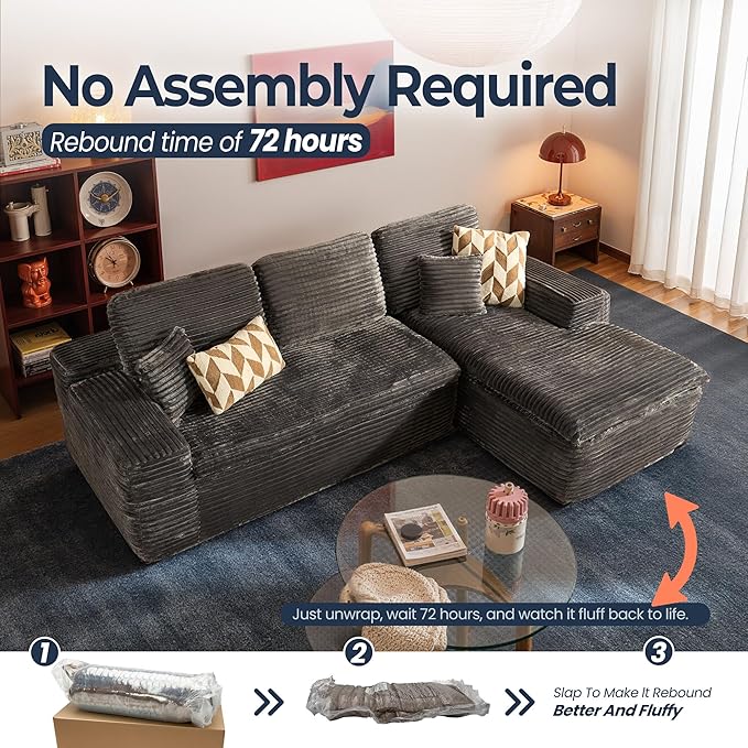 106" Oversized Couch Sofa, L Shape Couches for Living Room, No Assembly Required Plush Velvet Sectional Sofas with Right Facing Chaise for Home Apartment