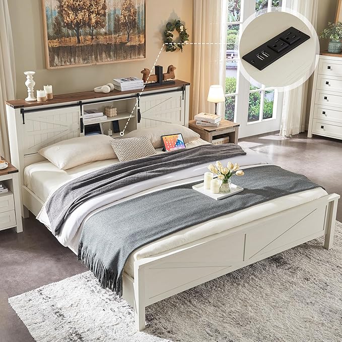 T4TREAM Farmhouse King Size Bed Frame w/Storage Bookcase Headboard, Sliding Barn Door, Charging Station, Rustic Wood Platform Bed w/Wood Slats Support, No Box Spring Needed, Antique White