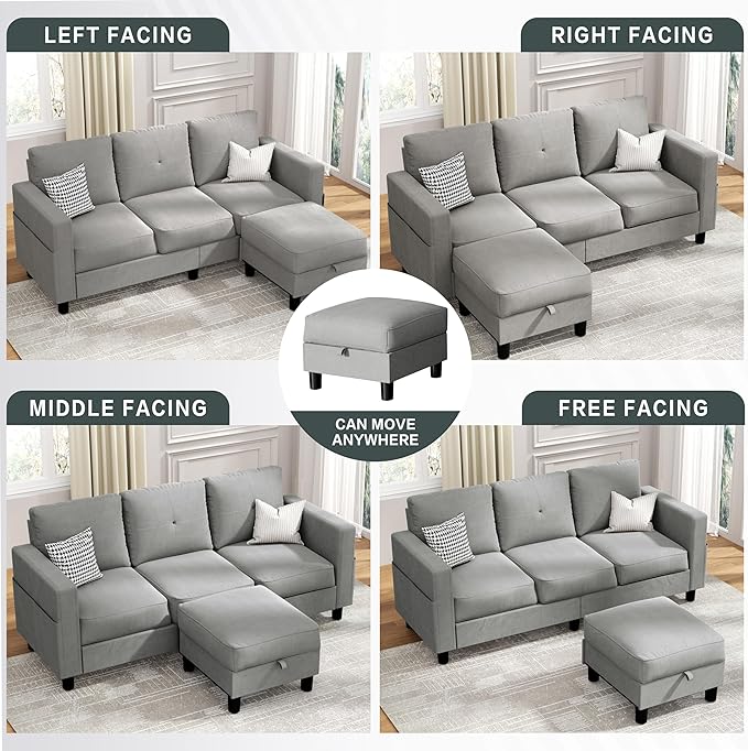 JY QAQA Convertible Sectional Sofa with 3-Seater Sofa, L-Shaped Ottoman Couch with Modern Linen for Apartment, Small Living Room and Small Space (Light Grey)