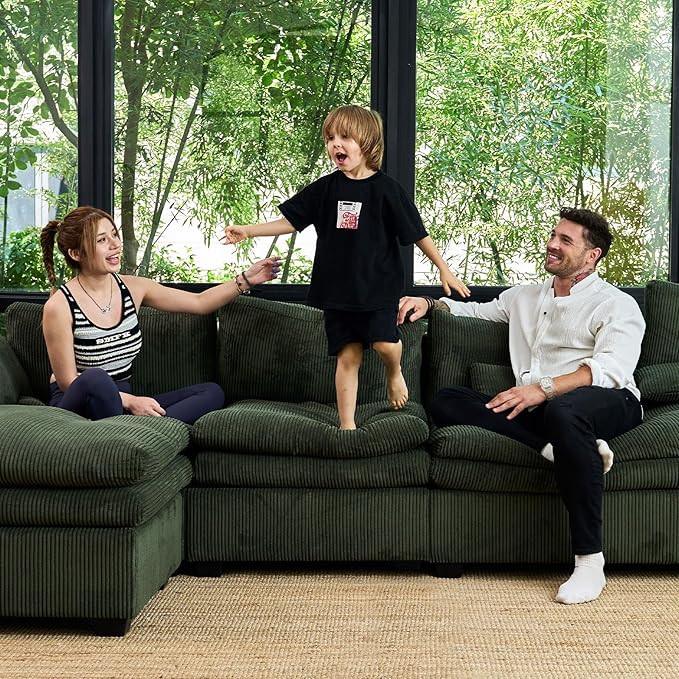 Belffin Large Modular Sectional Sofa with Double Deep Chaise and Loveseat, Corduroy U Shaped Couch with 9" Soft Dual-Layer 9 Seats Cushion for Living Room, Apartment, Green