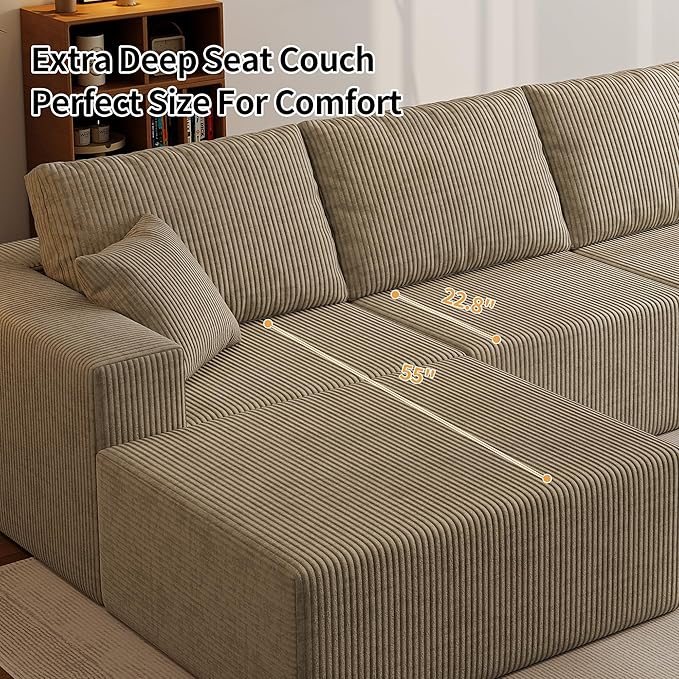 110" Boneless Cloud Sectional Couch for Living Room, Compressed Modular L-Shaped Sofa with Deep Seat, Frameless Corduroy Couch in Boxes, No Assembly Required 3-Seater (Left-Facing Chaise, Grey)