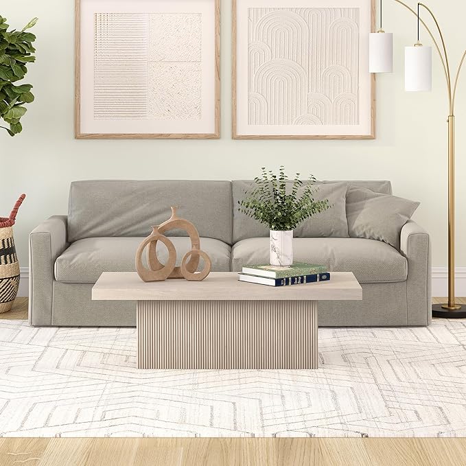 Henn&Hart 48" Fluted Low-Profile Coffee Table with Solid Base for Living Room, Family Room, or Office, Alder White