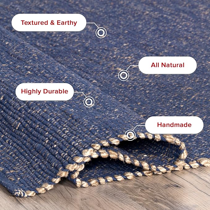 nuLOOM 6x9 Elfriede Jute & Cotton Hand Woven Area Rug, Blue, Solid Rustic Farmhouse Style, Weaved Design, Natural Fiber, For Bedroom, Living Room, Dining Room, Hallway, Office, Entryway